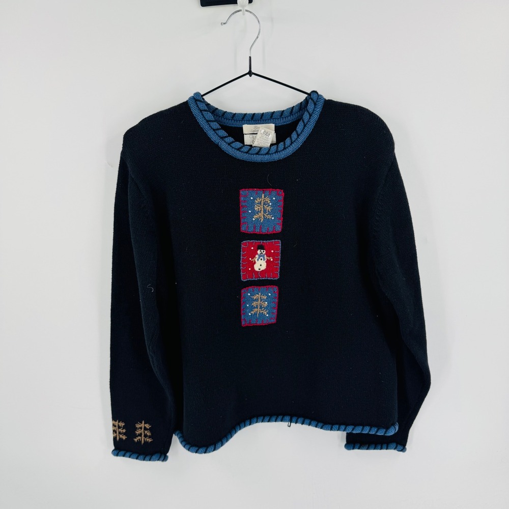 Vintage Christopher & Banks Black Hand Embroidered Winter Scene Sweater Size L